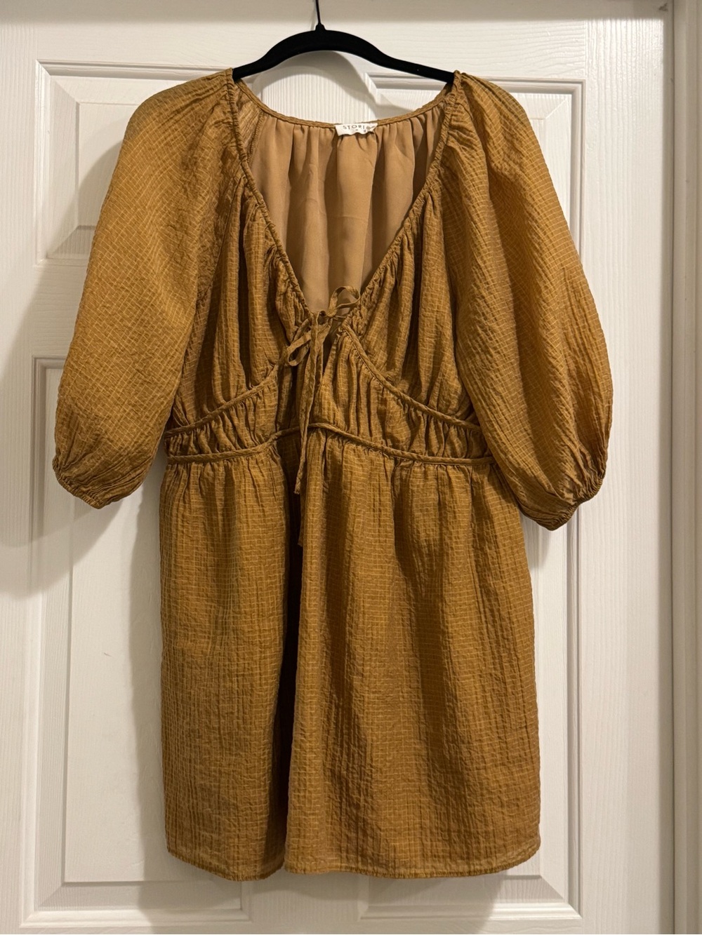 Storia Mustard Textured Puff-Sleeve Mini Dress